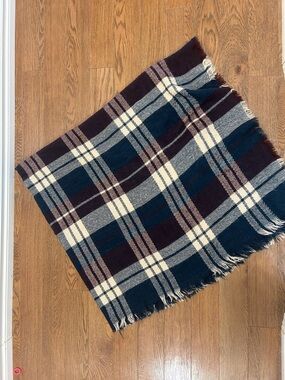 Plaid Fringe Blanket Scarf in Navy, Cream & Burgundy